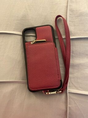 iPhone 11 Leather Wristlet Phone Case with Card Pocket - pink